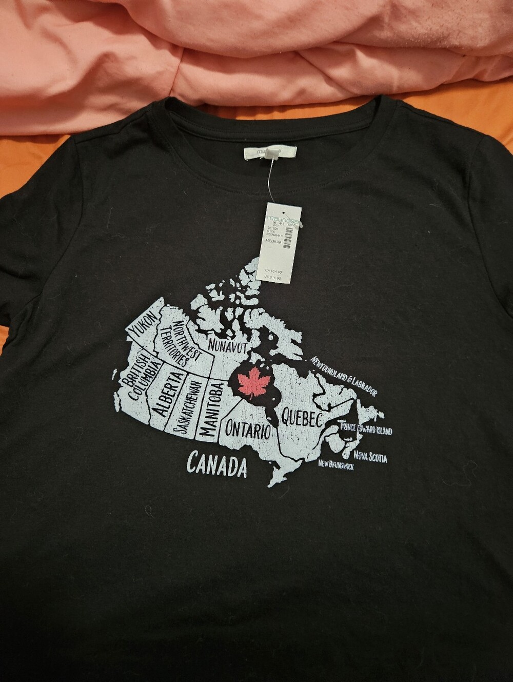 NWT Black Canada Map Tee with Red Maple Leaf Graphic